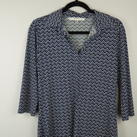 Max Studio Navy Blue & Coral Chevron Patterned Collared V-Neck Midi Dress SZ S - Picture 2 of 9